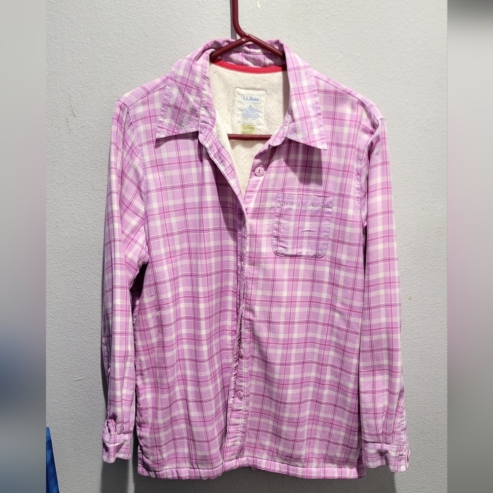 L.L. Bean Sherpa Lined Plaid Flannel Shacket Shirt Jacket Pink Size M